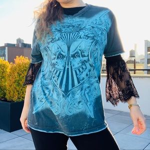 HELIX Tattoo Scull Heart Crown Graphic 3D Patch Shirt L Concert Tee